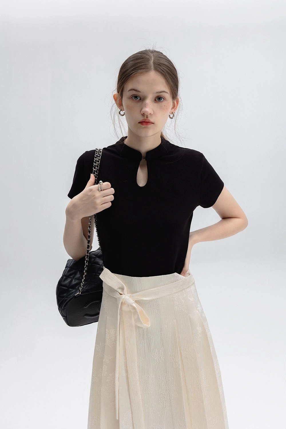 Women's Cheongsam Collar Solid Color T-shirt