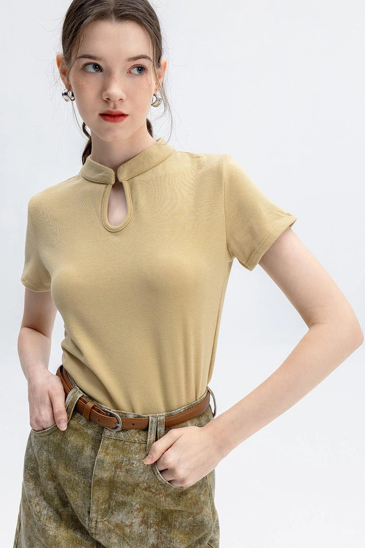 Women's Cheongsam Collar Solid Color T-shirt