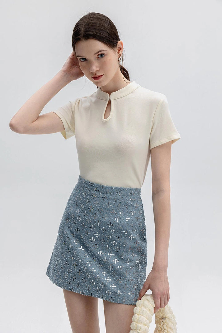 Women's Cheongsam Collar Solid Color T-shirt