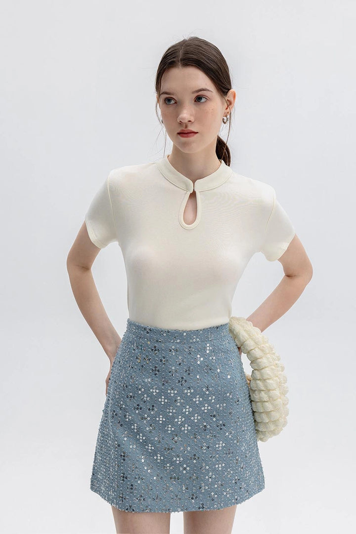Women's Cheongsam Collar Solid Color T-shirt