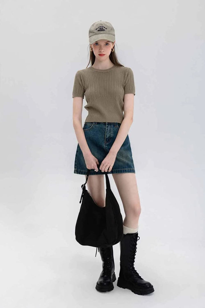 Classic Ribbed Crewneck Short-Sleeve Knit Top