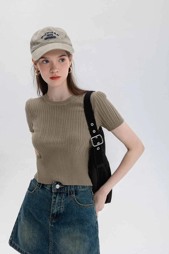 Classic Ribbed Crewneck Short-Sleeve Knit Top
