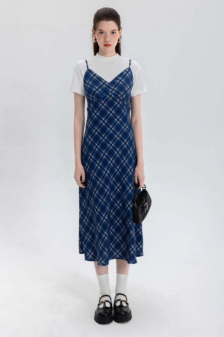 Sleeveless Plaid Midi Slip Dress with Adjustable Straps