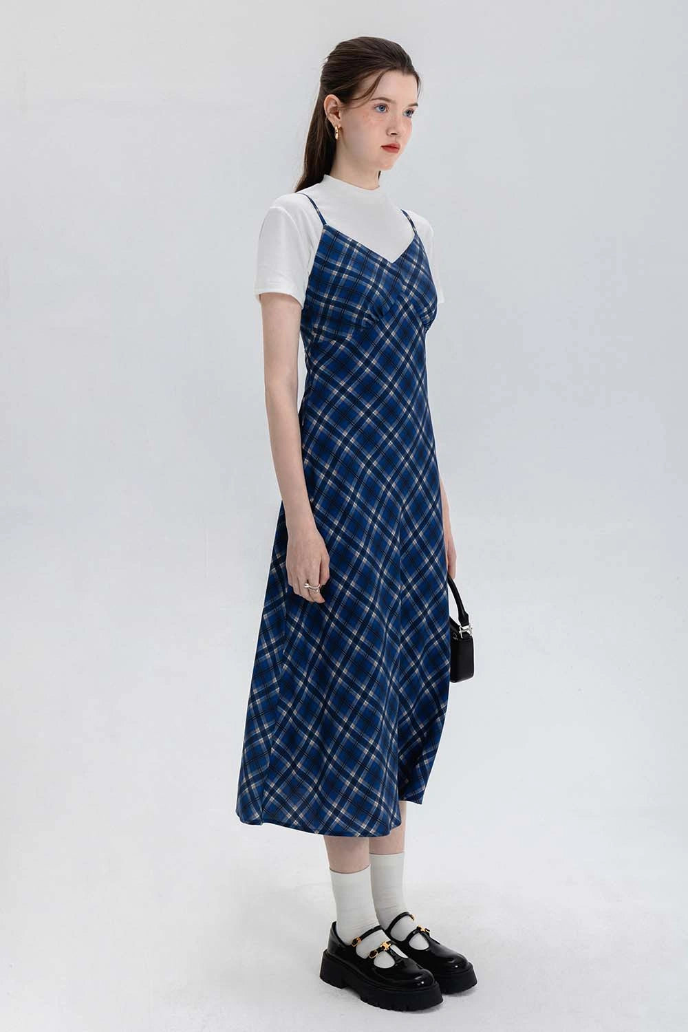 Sleeveless Plaid Midi Slip Dress with Adjustable Straps
