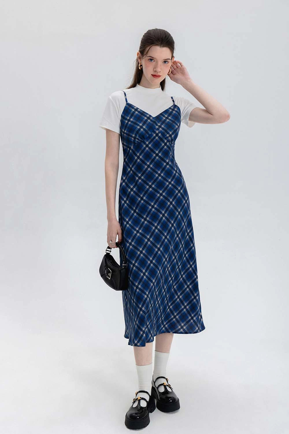 Sleeveless Plaid Midi Slip Dress with Adjustable Straps