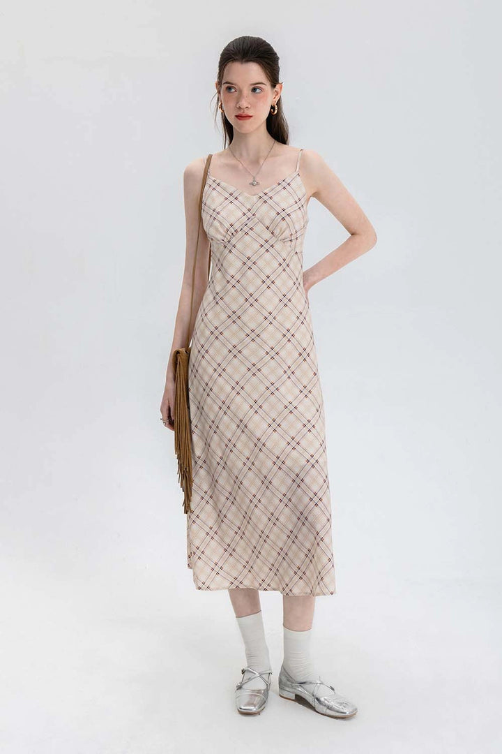 Sleeveless Plaid Midi Slip Dress with Adjustable Straps