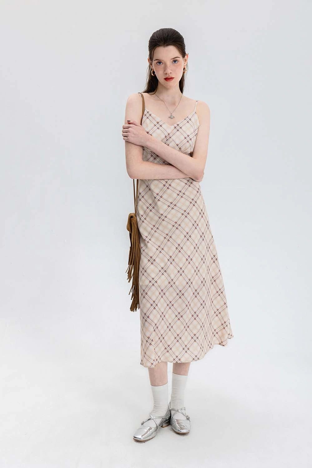 Sleeveless Plaid Midi Slip Dress with Adjustable Straps