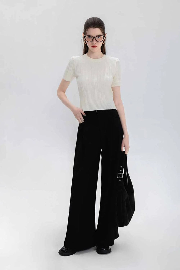 Classic Ribbed Crewneck Short-Sleeve Knit Top