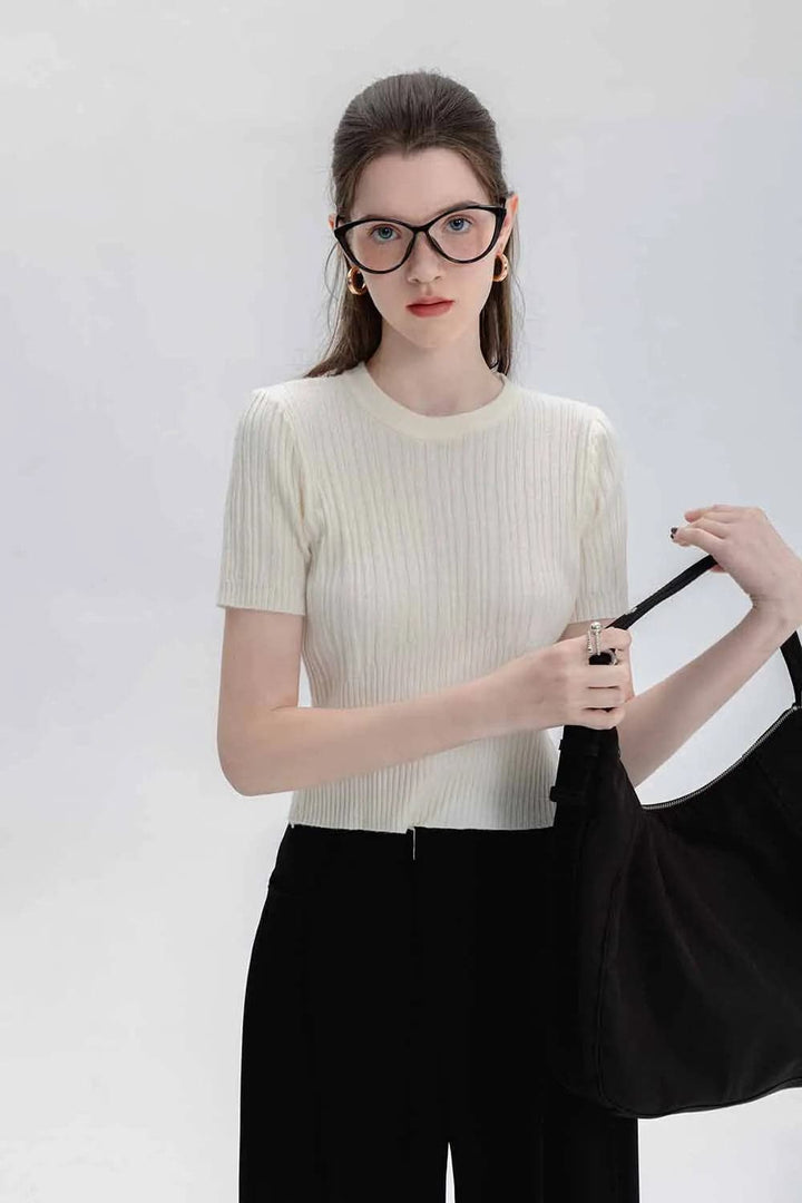 Classic Ribbed Crewneck Short-Sleeve Knit Top