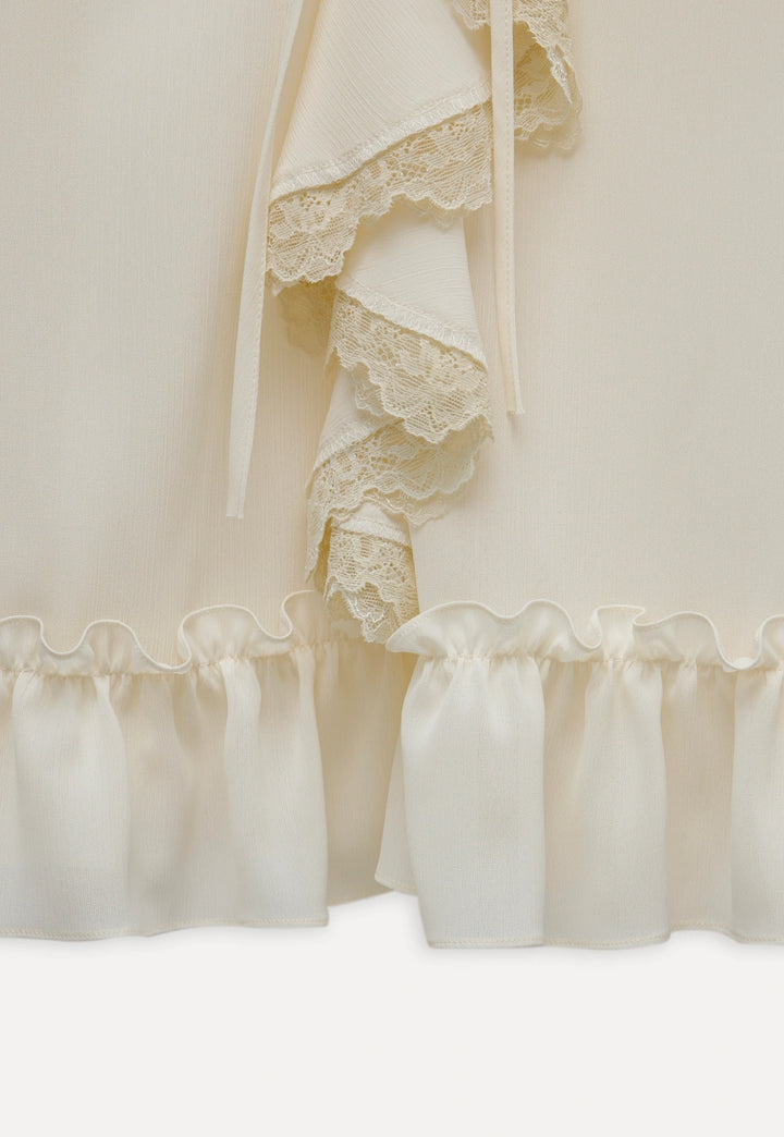 Women's Vintage Ruffle Blouse with Lace Trim