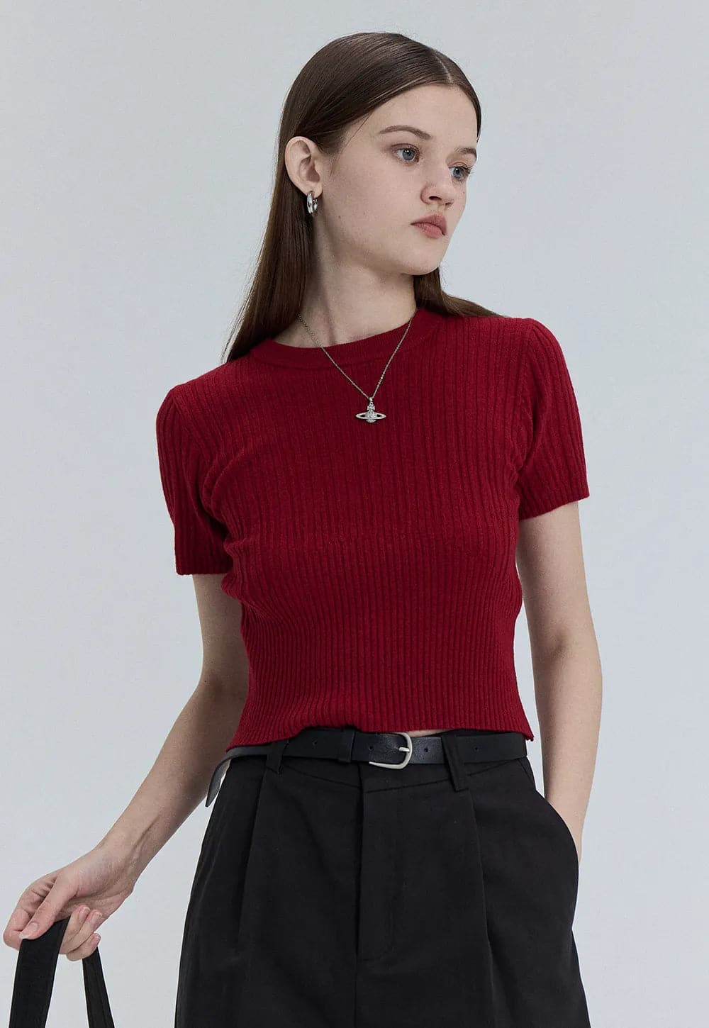 Classic Ribbed Crewneck Short-Sleeve Knit Top