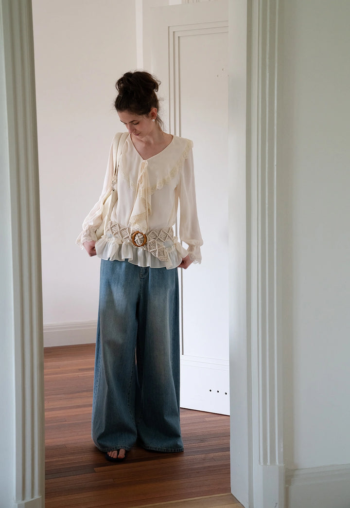 Women's Vintage Ruffle Blouse with Lace Trim