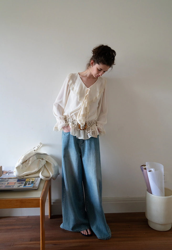 Women's Vintage Ruffle Blouse with Lace Trim