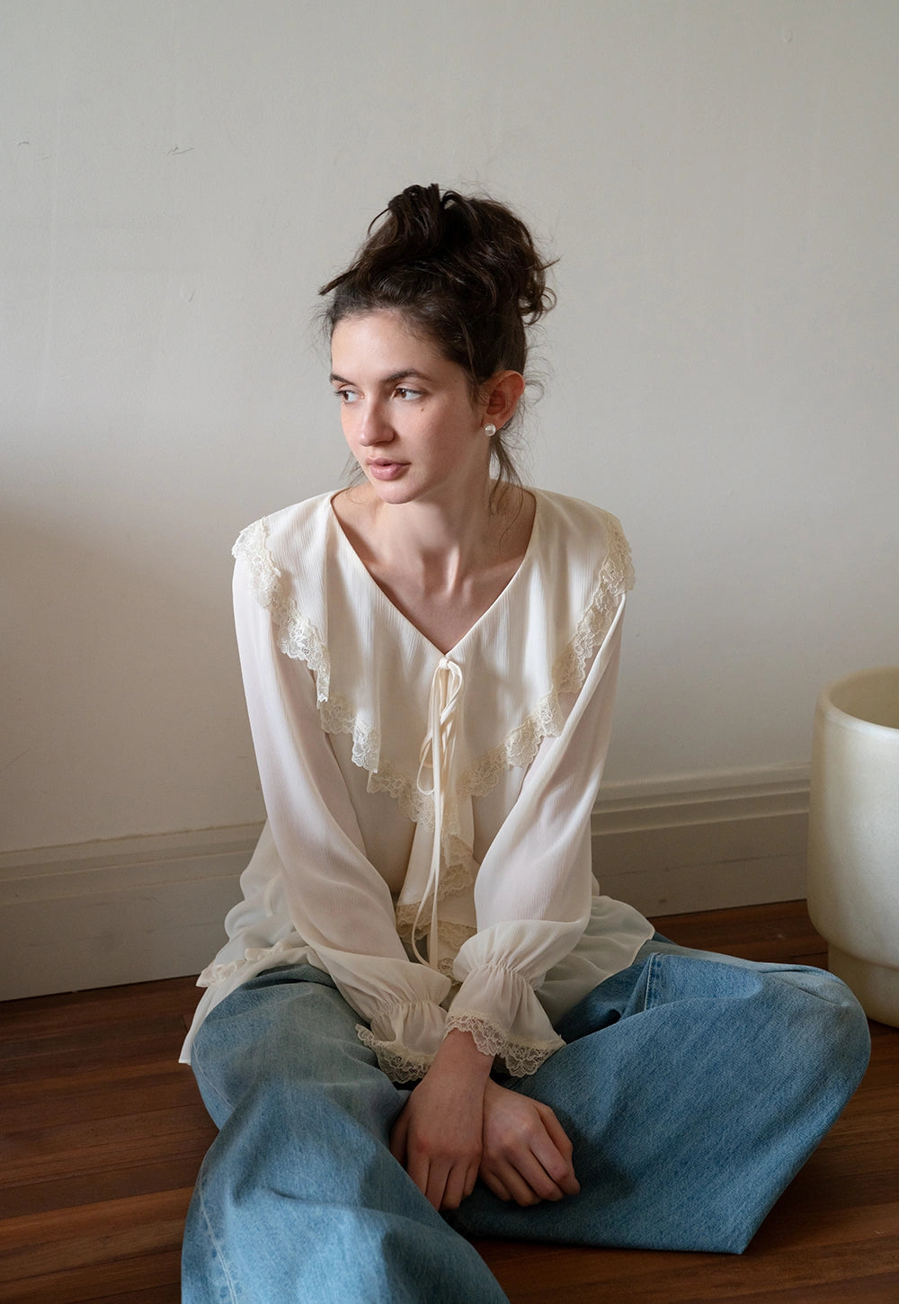 Women's Vintage Ruffle Blouse with Lace Trim