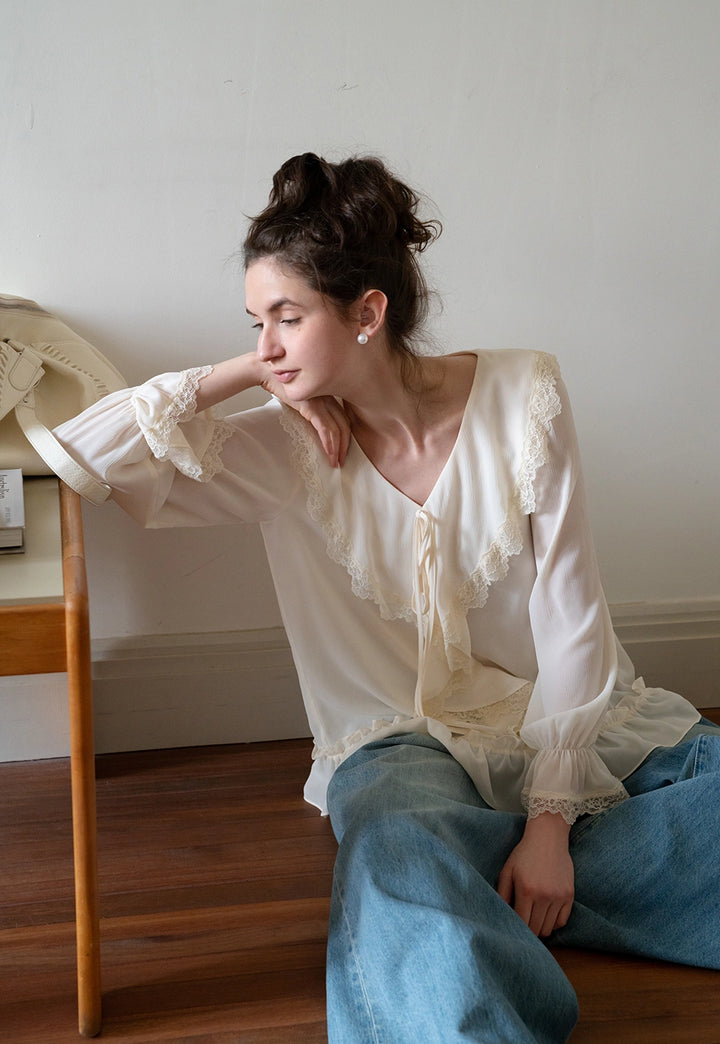 Women's Vintage Ruffle Blouse with Lace Trim