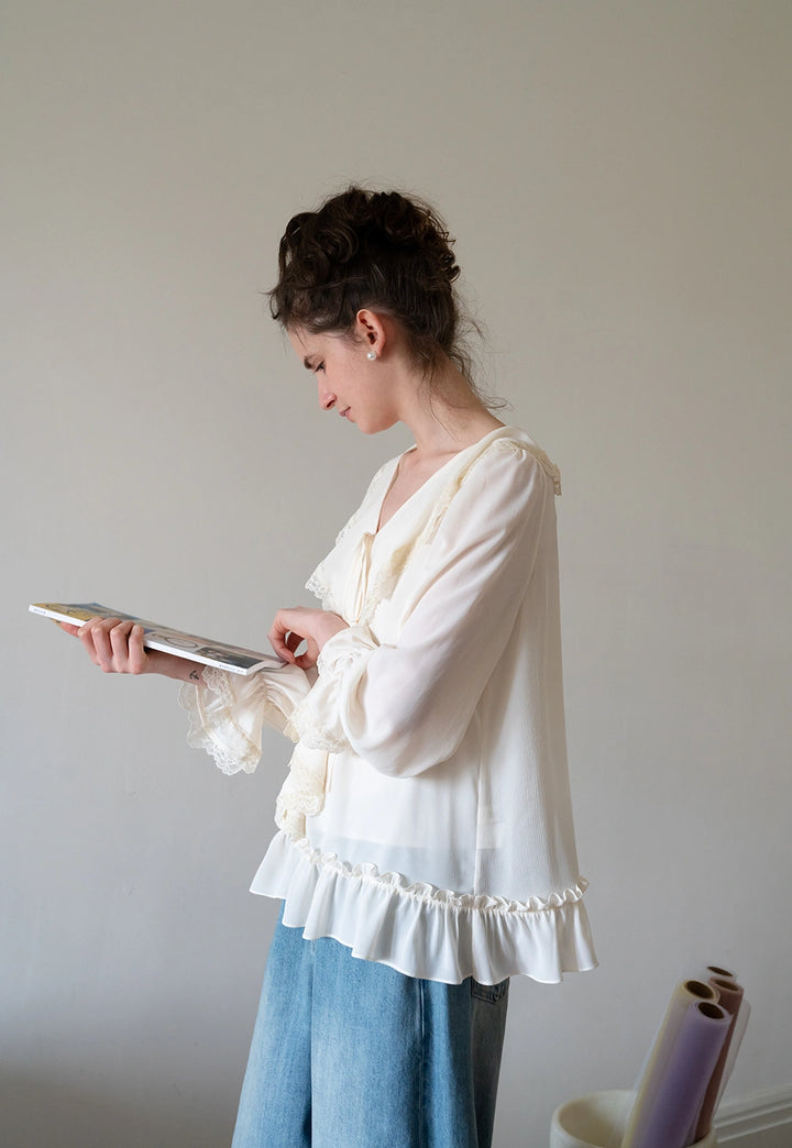 Women's Vintage Ruffle Blouse with Lace Trim