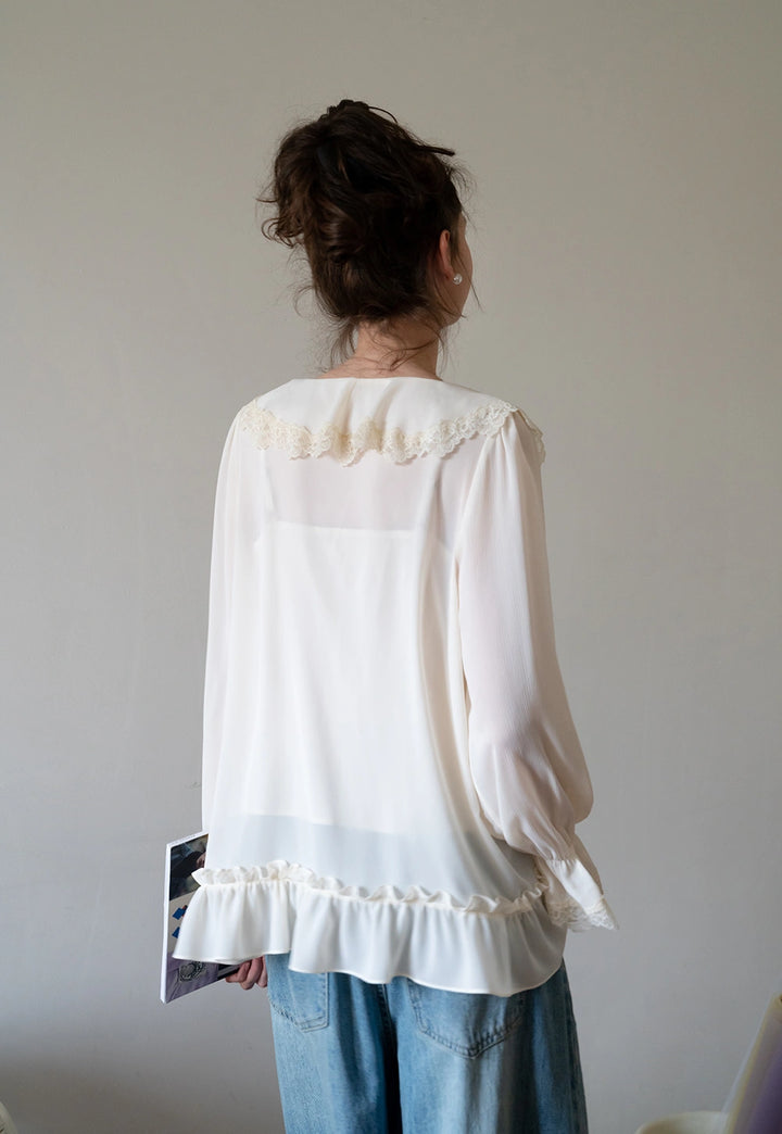 Women's Vintage Ruffle Blouse with Lace Trim