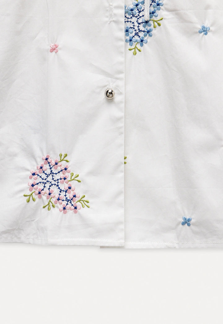 Floral Embroidered Ruffle Neck Long Sleeve Blouse