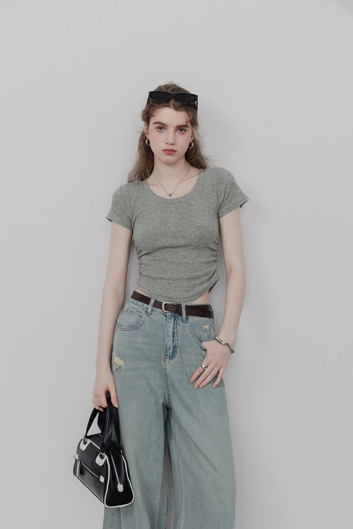 Women's Cinched Waist Round Neck Short Sleeve T-Shirt