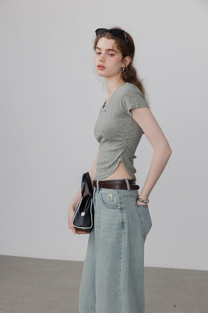 Women's Cinched Waist Round Neck Short Sleeve T-Shirt
