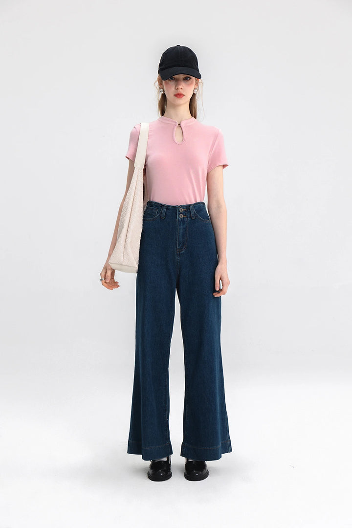 Women's Cheongsam Collar Solid Color T-shirt