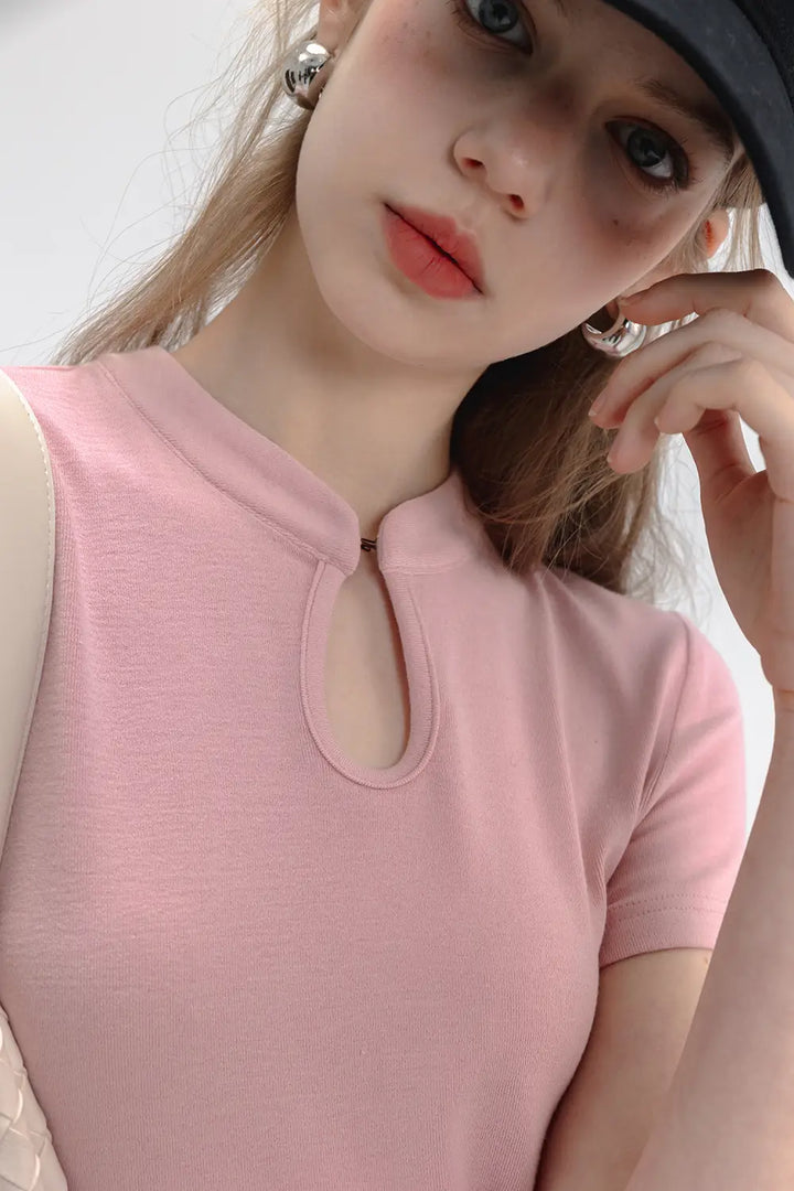 Women's Cheongsam Collar Solid Color T-shirt