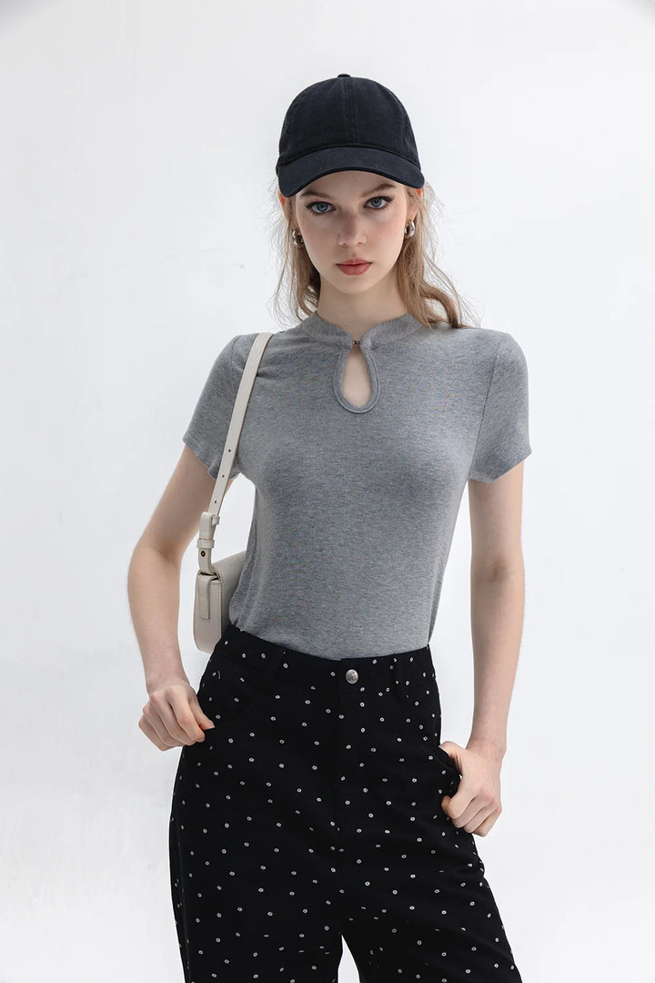 Women's Cheongsam Collar Solid Color T-shirt