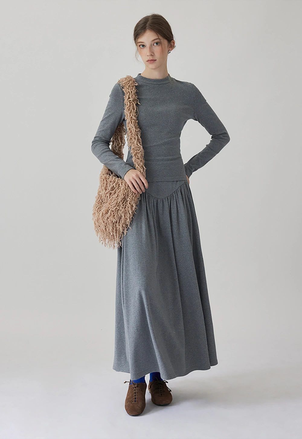 Women's Long Sleeve Shirt and High Waisted Pleated Maxi Skirt Set