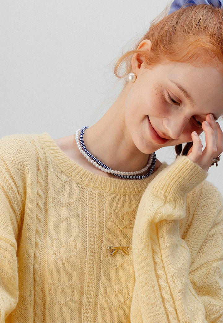 Women's Cropped Cable Knit Sweater with Bow Detail