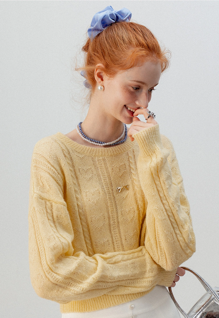 Women's Cropped Cable Knit Sweater with Bow Detail