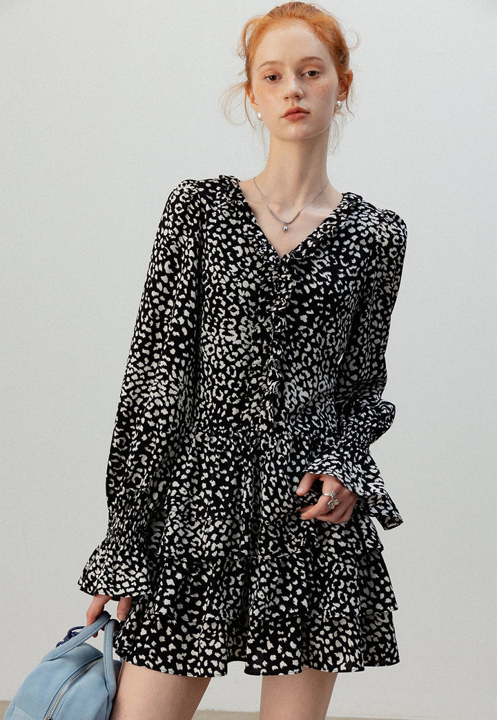 Monochrome Print Ruffle Long Sleeve Dress