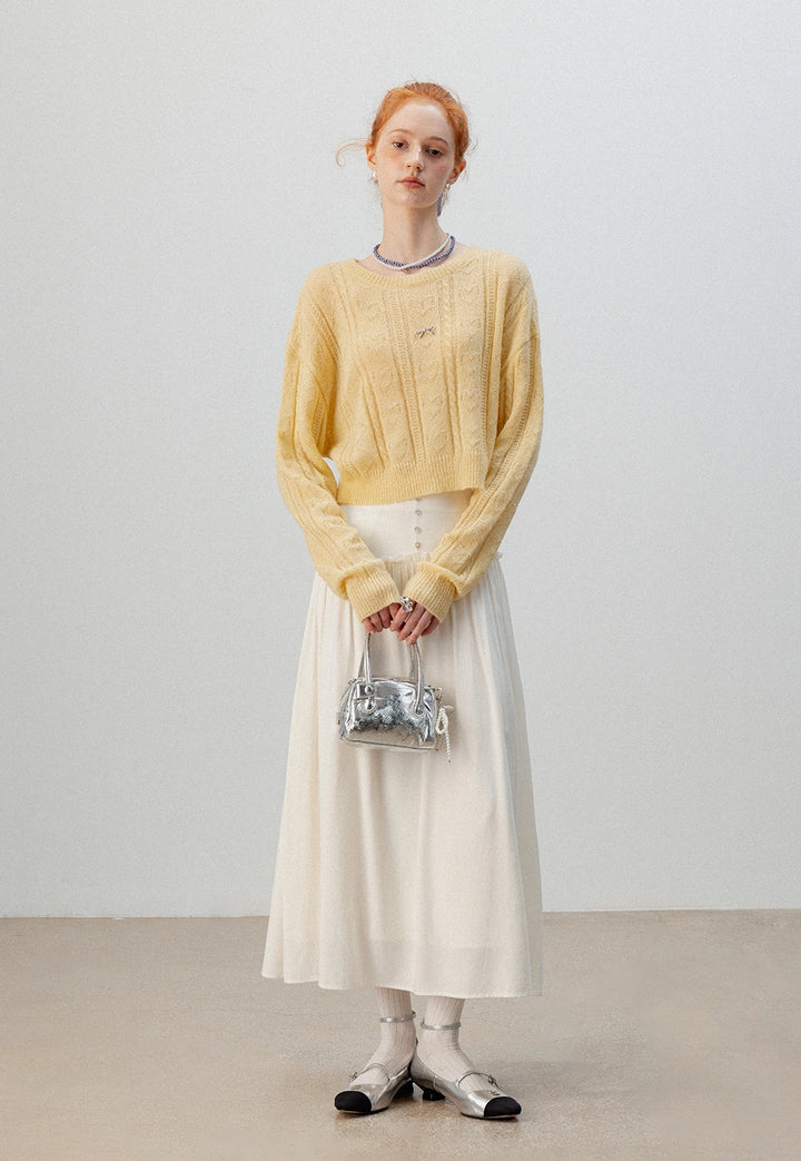 Women's Cropped Cable Knit Sweater with Bow Detail