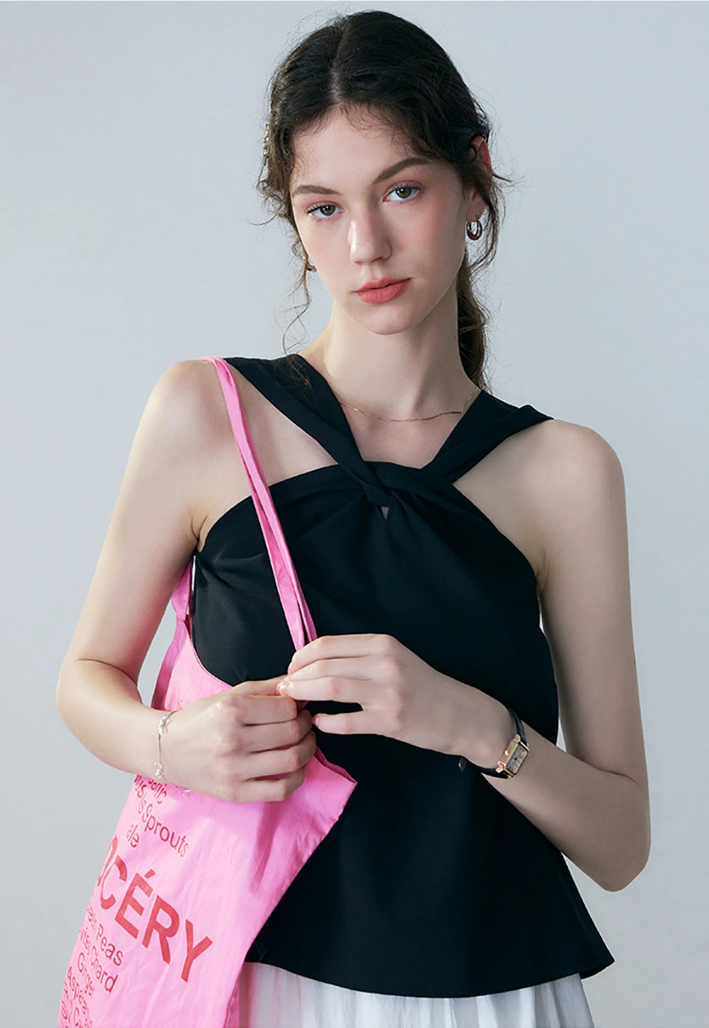 Top senza maniche da donna con nodo intrecciato in denim