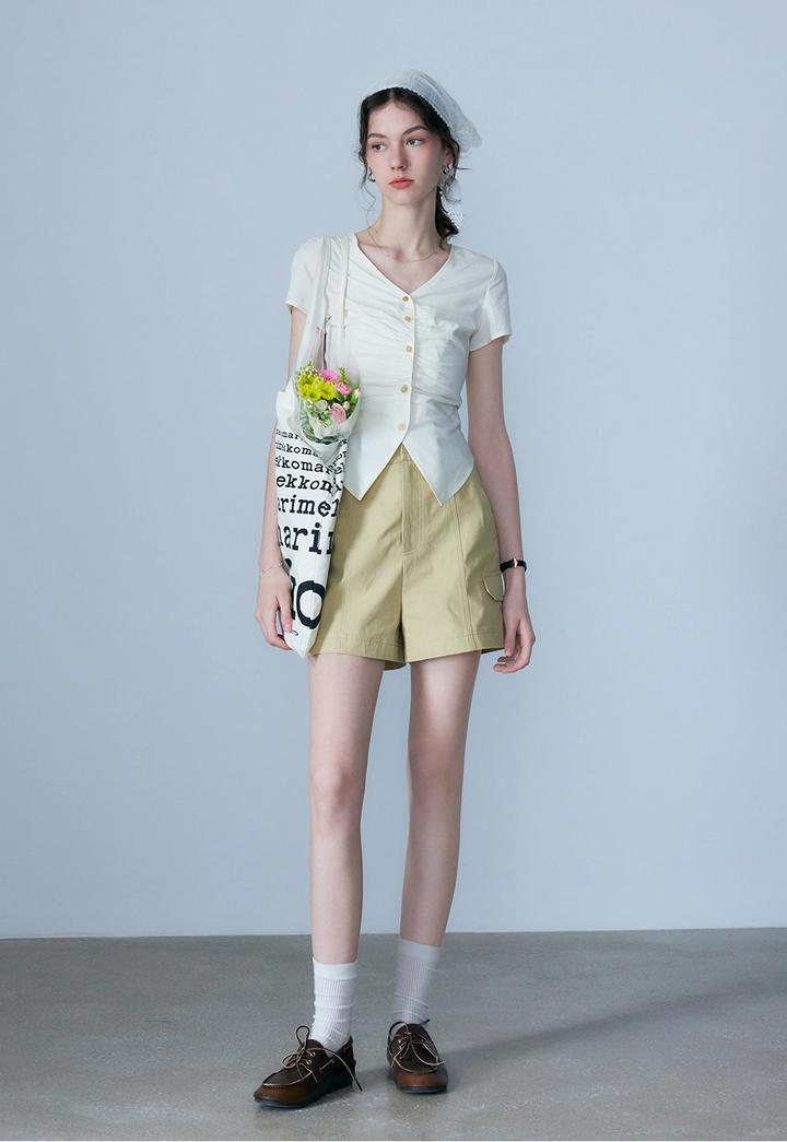 Women's V-Neck Ruched Button-Up Top