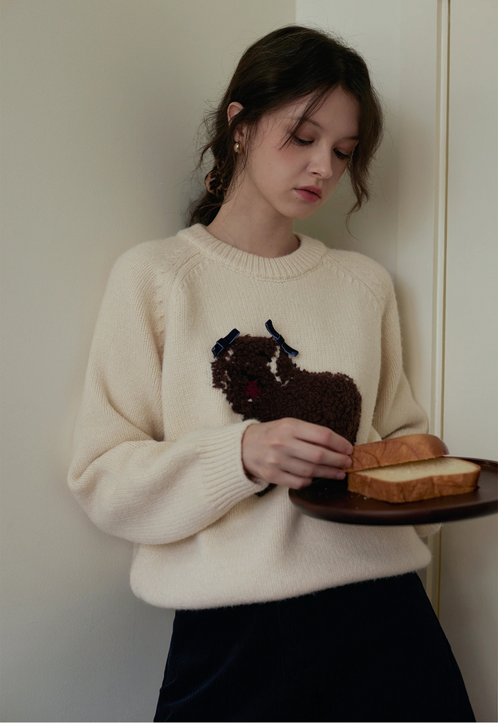 Women's Crew Neck Dog Patterned Loose Fit Pullover Sweater