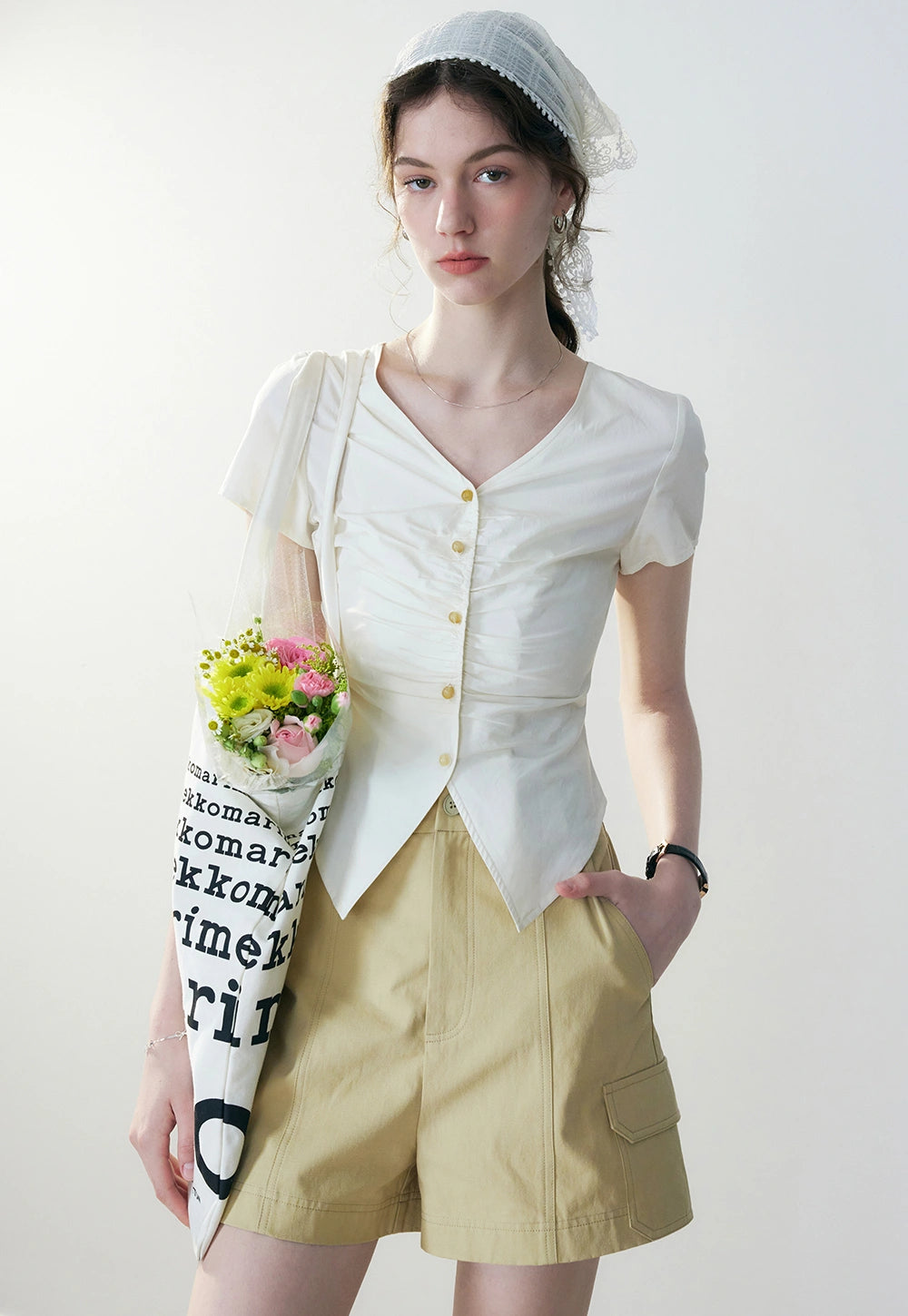 Women's V-Neck Ruched Button-Up Top