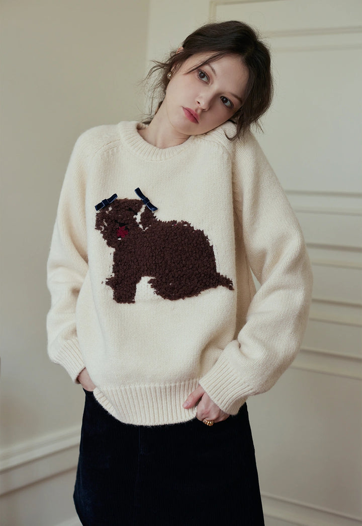 Women's Crew Neck Dog Patterned Loose Fit Pullover Sweater