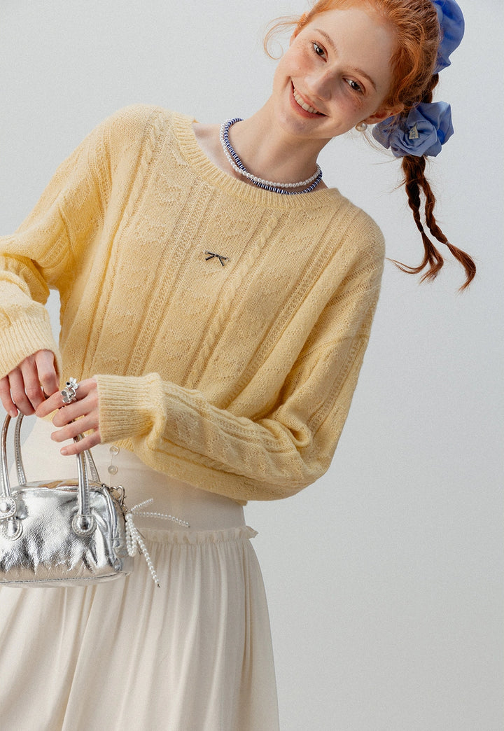 Women's Cropped Cable Knit Sweater with Bow Detail