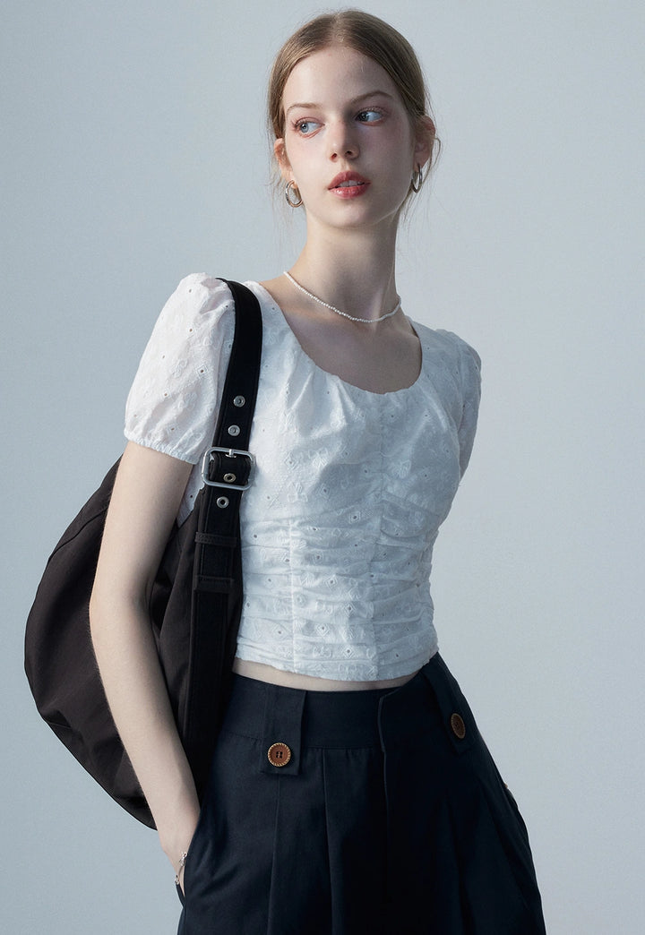 Women's White Eyelet Puff Sleeve Top