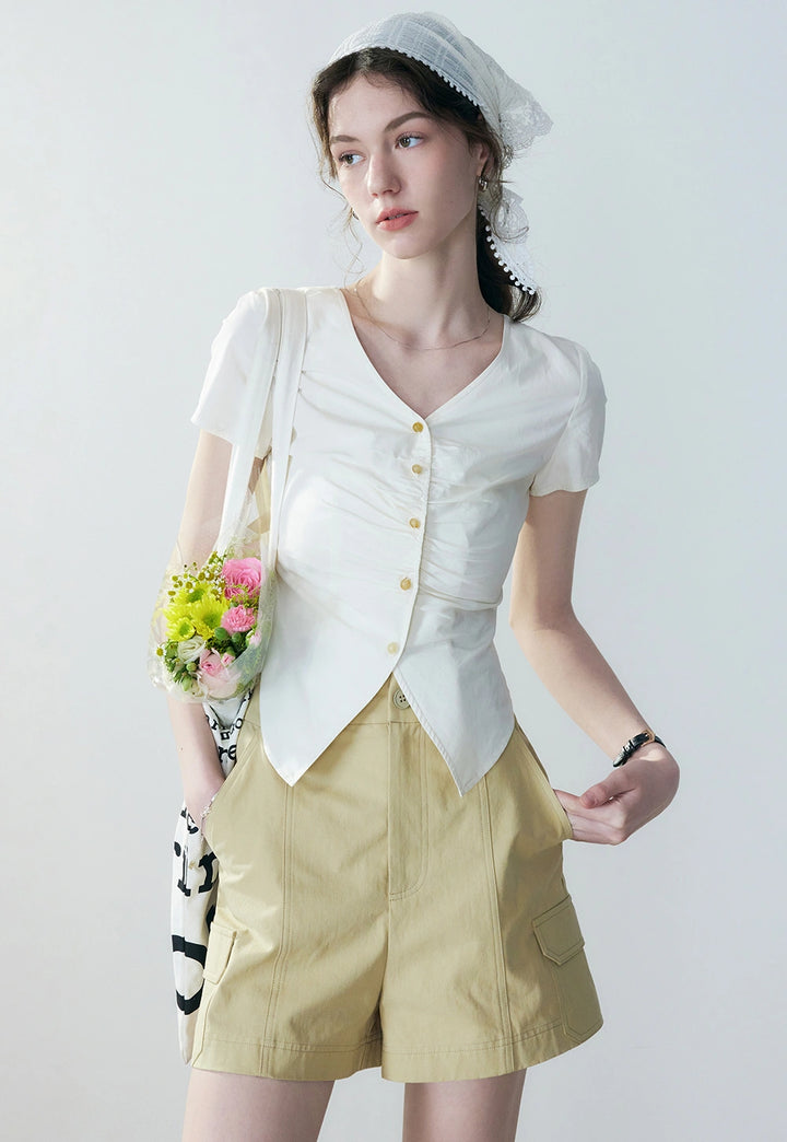 Women's V-Neck Ruched Button-Up Top