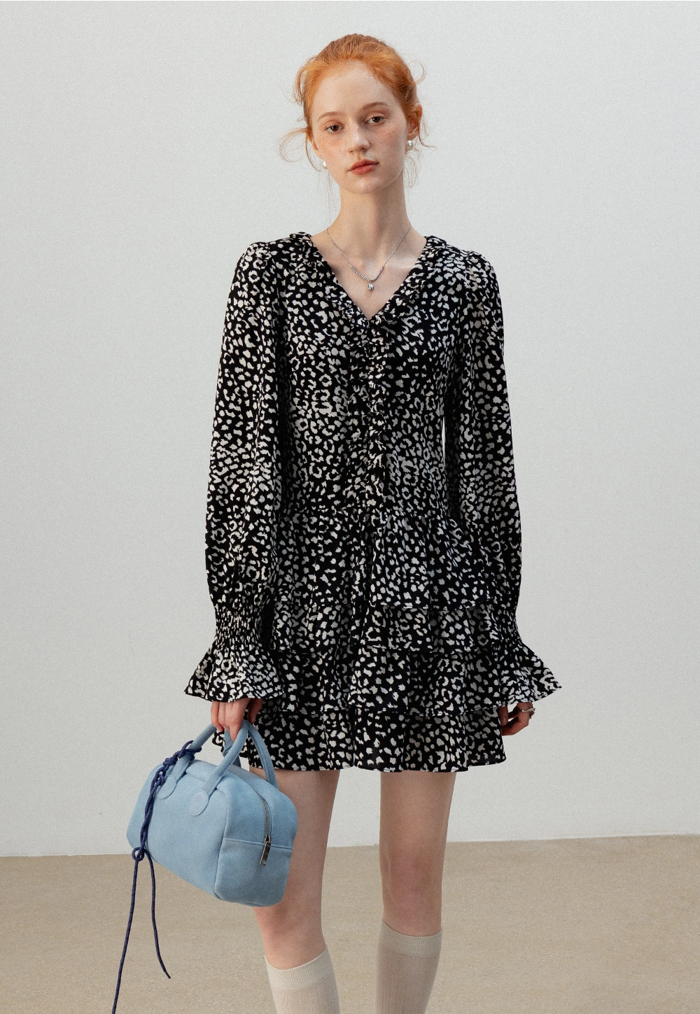 Monochrome Print Ruffle Long Sleeve Dress