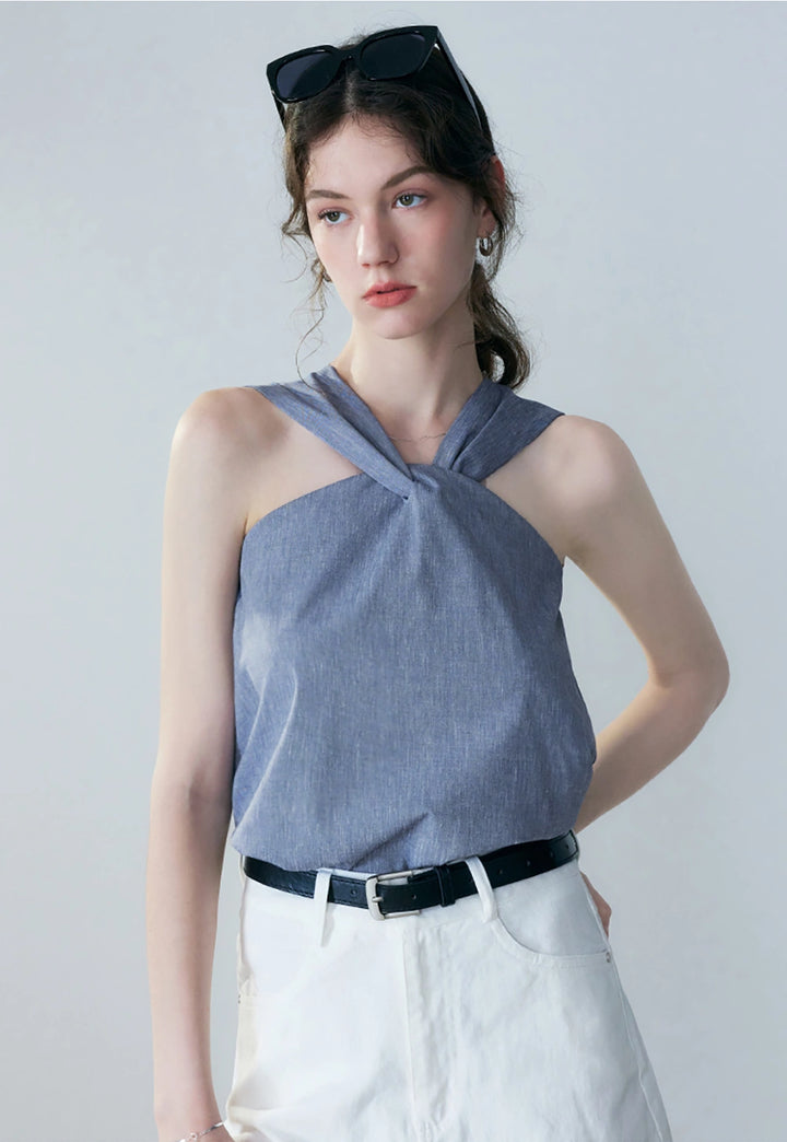 Top senza maniche da donna con nodo intrecciato in denim