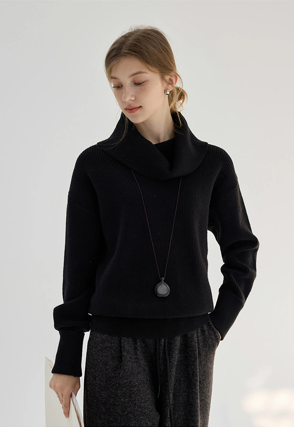 Soft Ribbed Cowl Neck Sweater