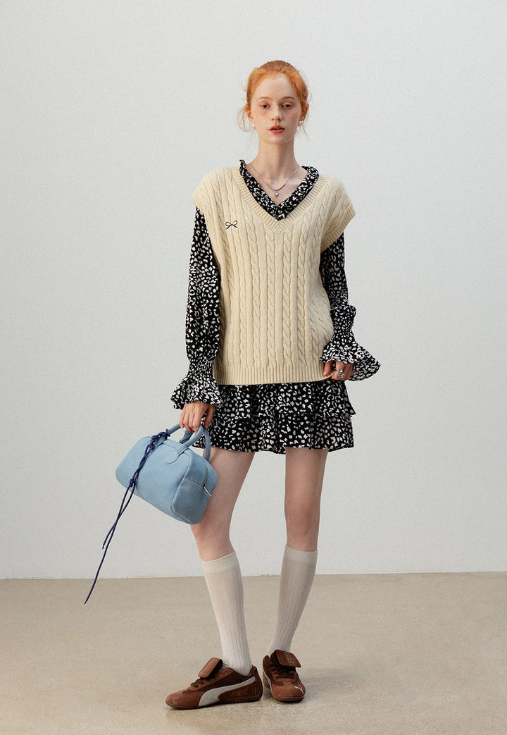 Monochrome Print Ruffle Long Sleeve Dress