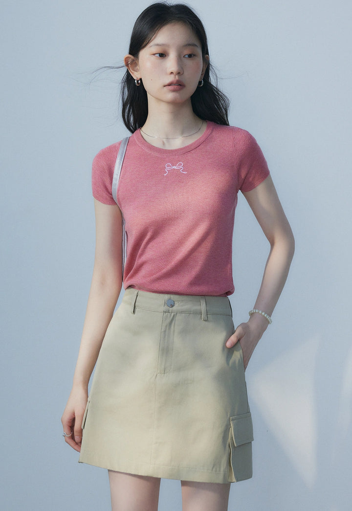 Women's Round Neck Short Sleeve Rose Pink Knit Top