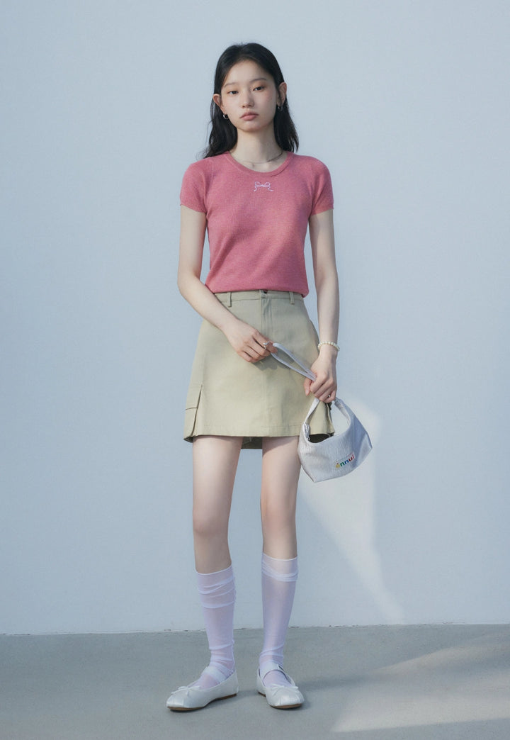 Women's Round Neck Short Sleeve Rose Pink Knit Top
