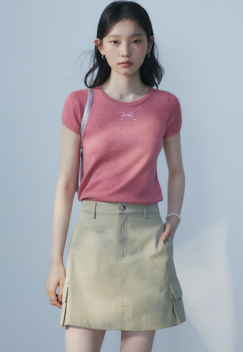 Women's Round Neck Short Sleeve Rose Pink Knit Top