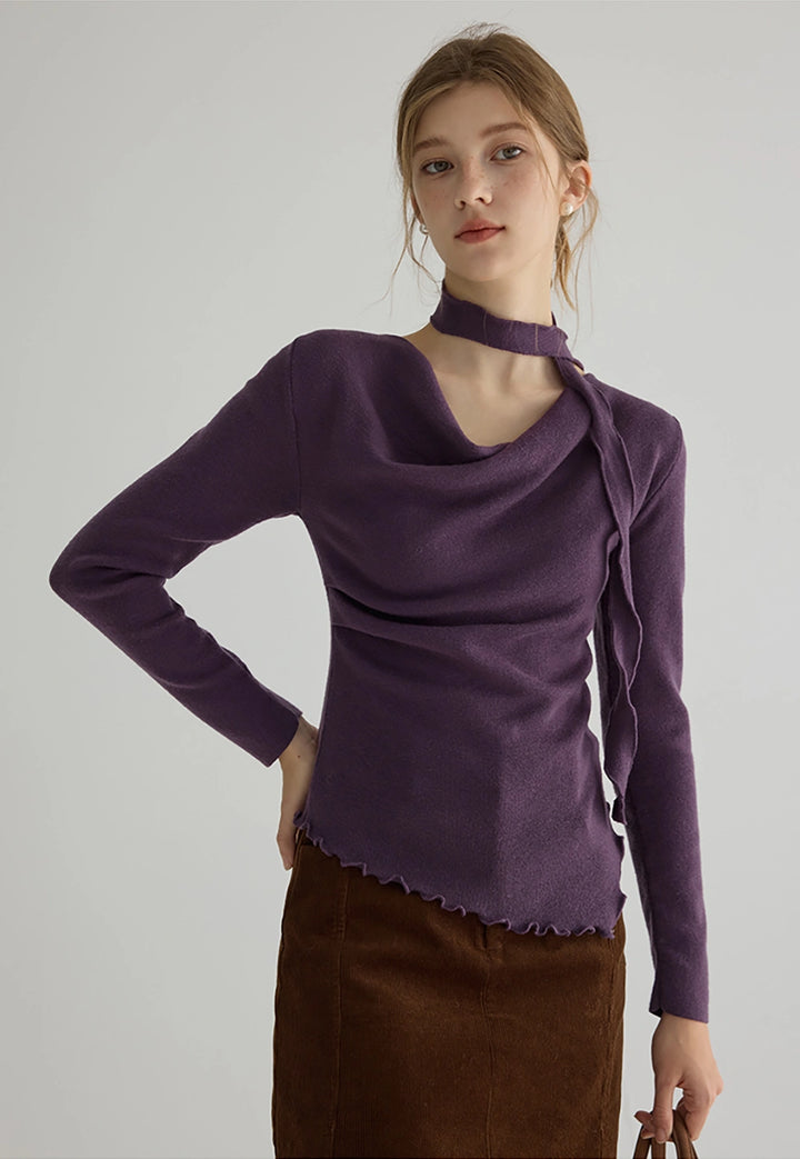 Women's Long Sleeve Asymmetric Knit Top with Scarf
