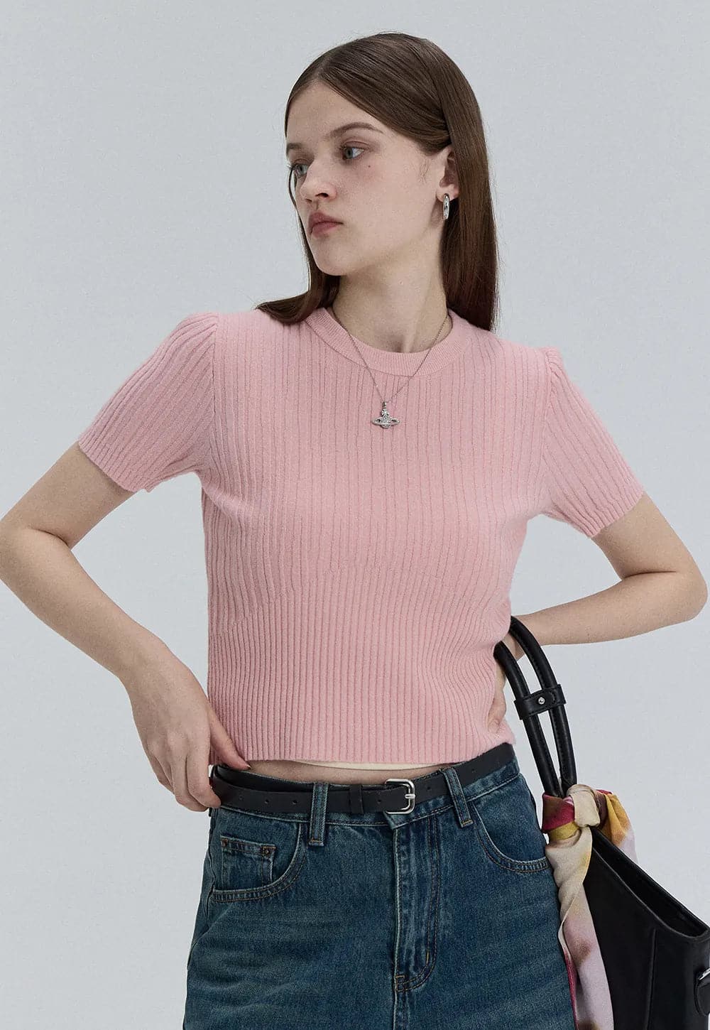 Classic Ribbed Crewneck Short-Sleeve Knit Top