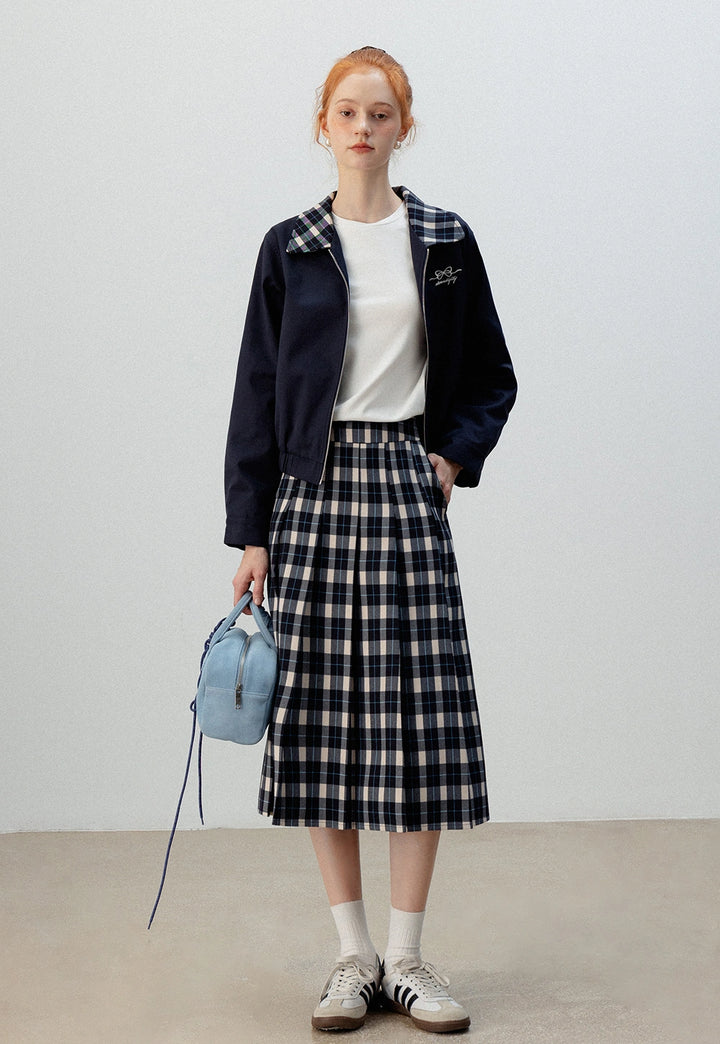 Plaid-Collar Zip-Up Jacket and Matching Plaid Skirt Set